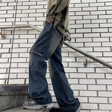 美式高街复古做旧拉链牛仔裤男水洗休闲直筒宽松潮牌长裤N865-P50，男装牛仔裤，星座308B-2