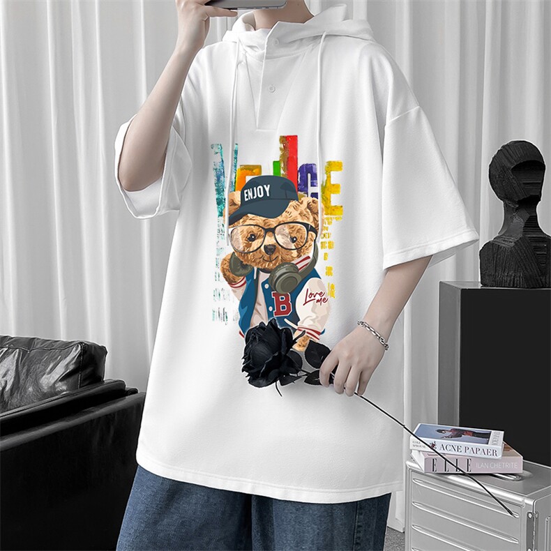 LD54211-P45 连帽短袖t恤男大码胖子带帽五分袖中袖图片