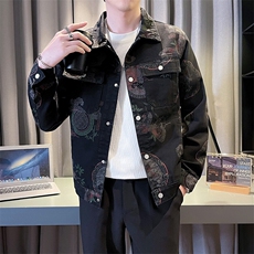 2025春季新款水洗男士牛仔夹克痞帅小伙个性提花印花图案外套，男装夹克，电商A225