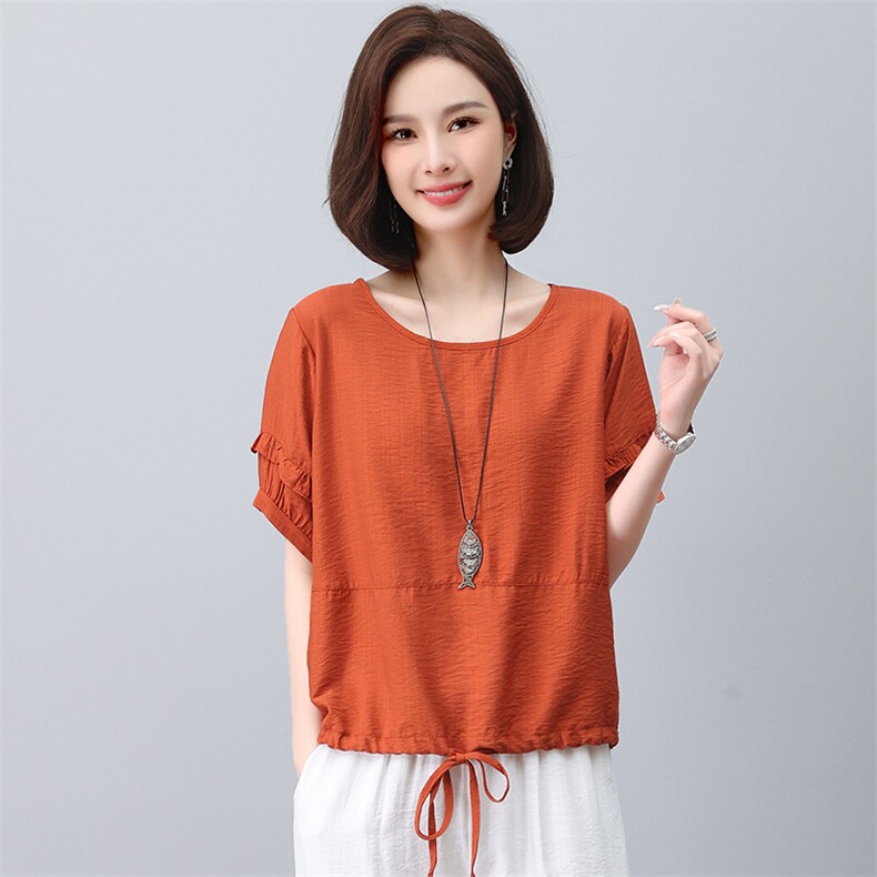 2023年春夏季圆领纯色宽松型套头短袖上衣，女装蕾丝衫/雪纺衫，依倍林