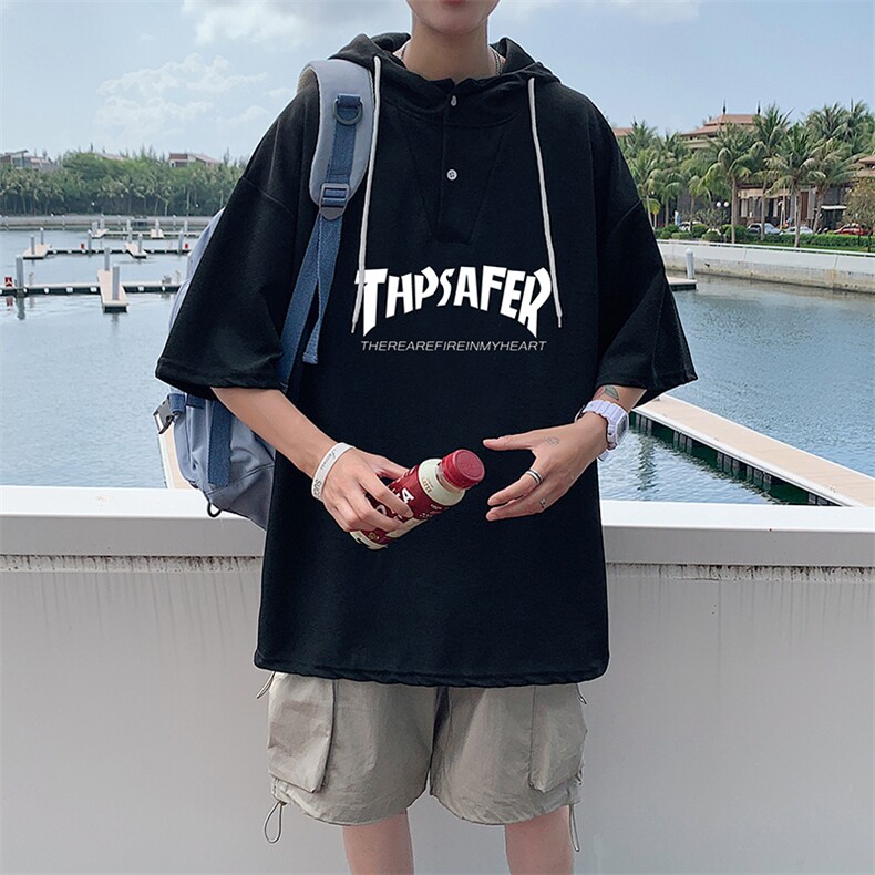 LD54007-P45连帽短袖t恤男大码胖子带帽五分袖中袖,男装T恤,电商A040