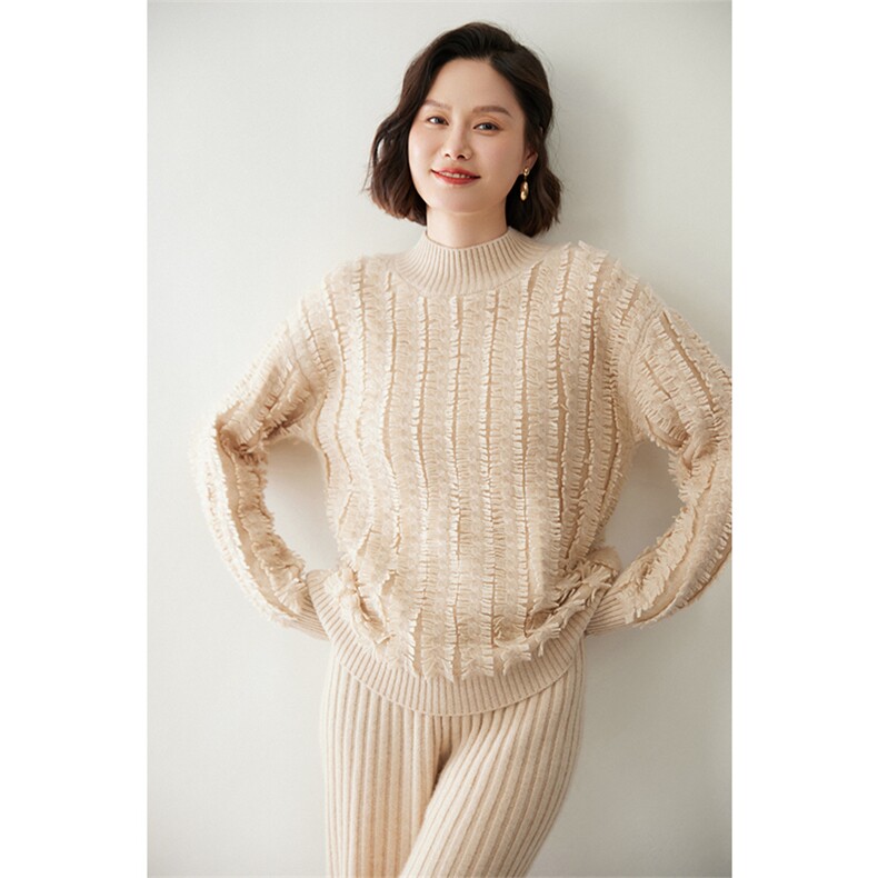 时尚流苏麻花半高领女士羊绒衫优雅显瘦保暖毛衣,女装羊绒衫,迎冬羊绒