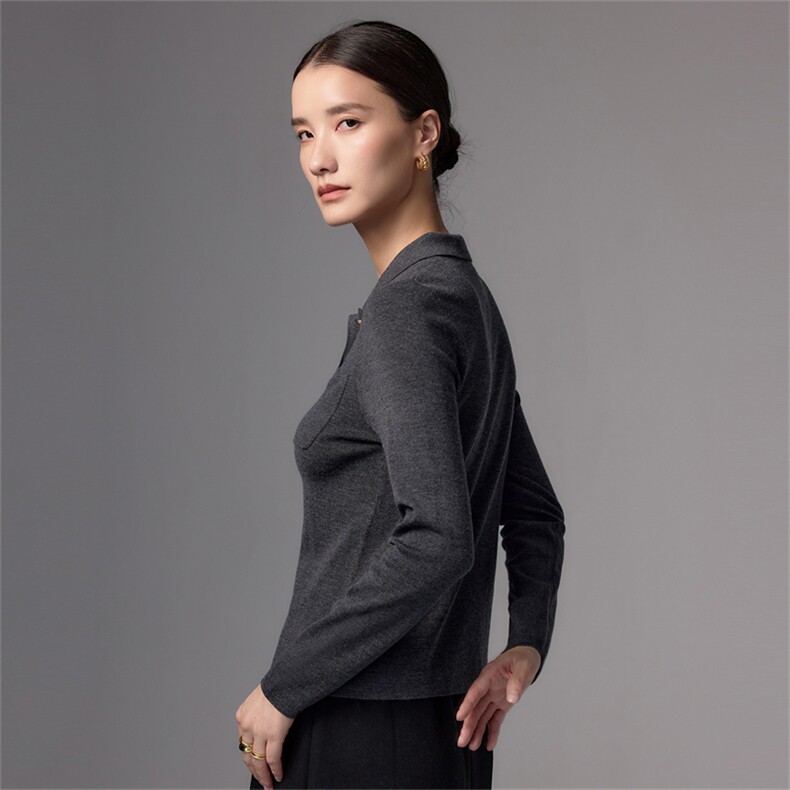 老钱风polo领针织衫女深灰色修身通勤上衣2025新款高端精纺羊毛衫,女装羊毛衫,蚂蚁派对工厂直营店