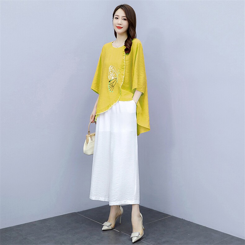 2021夏季新款简约气质圆领时尚图案刺绣宽松休闲舒适棉麻两件套,女装套装/套裙,韩宇舍