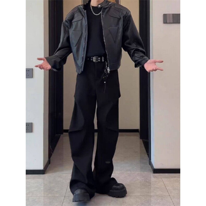 美式褶皱弯刀西裤男春秋款cleanfit黑色裤子垂感高级感阔腿西装裤,男装西裤,星座310A-4