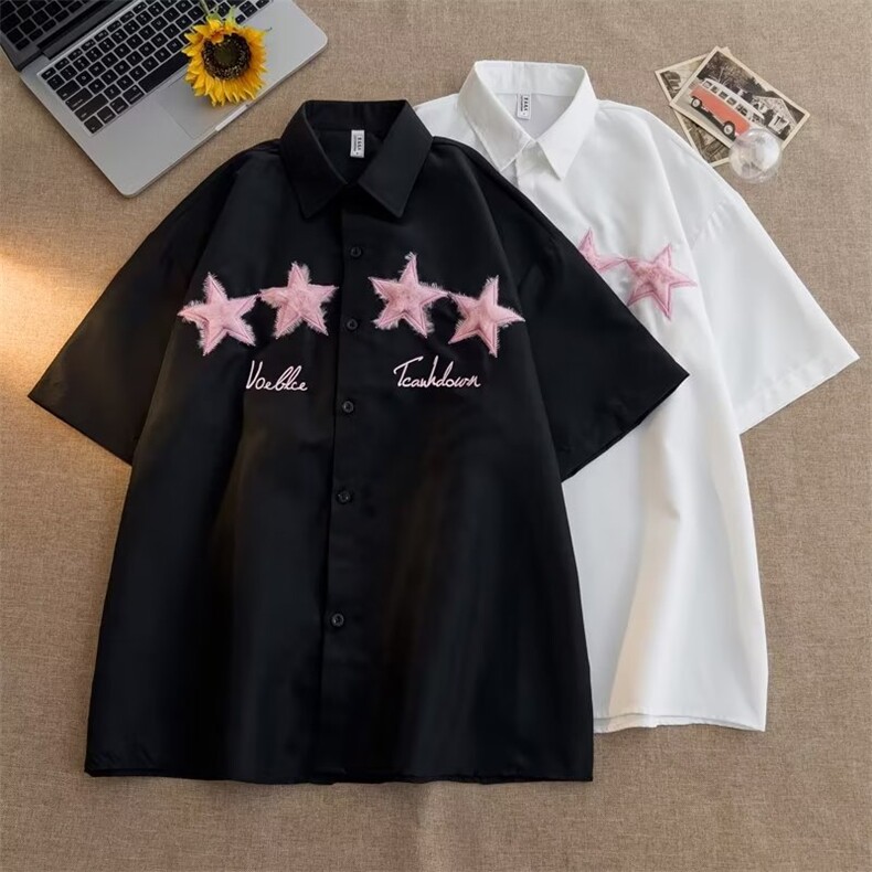 日系星星刺绣短袖衬衫男女夏季ins宽松潮高街痞帅CS113-P35,男装衬衫,星座1109-3