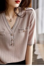 2025时尚百搭V领套头宽松型通勤打底衫，女装针织衫/毛衣，绒阔羊绒