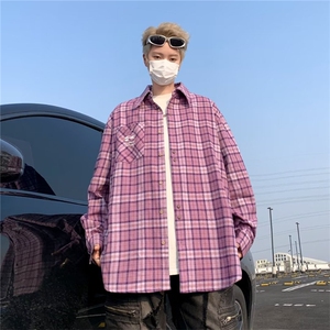 美式oversize宽松衬衣2024春季新款格子长袖衬衫男 现货W8146-P45图片