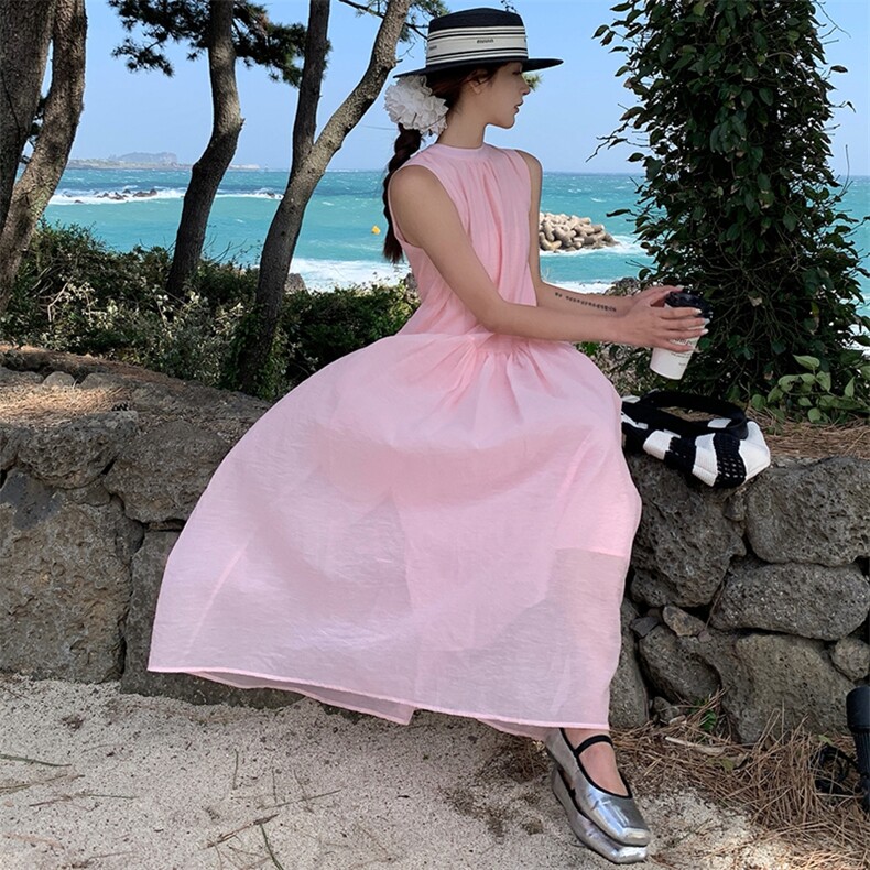 今年流行粉色无袖连衣裙女2025夏季新款高级感超仙气质绝美长裙潮,女装连衣裙,浙宝305
