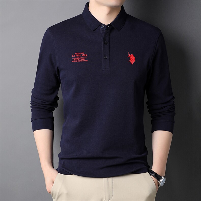 翻领t恤男长袖2023春秋季中年男士刺绣纯色商务休闲时尚Polo,男装T恤,电商B212（原钱塘6029）