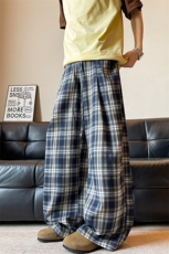 D206-18XL-M蓝格子休闲裤百搭冰丝抽绳阔腿裤宽松直筒长裤K9143，男装休闲裤，电商D206-1