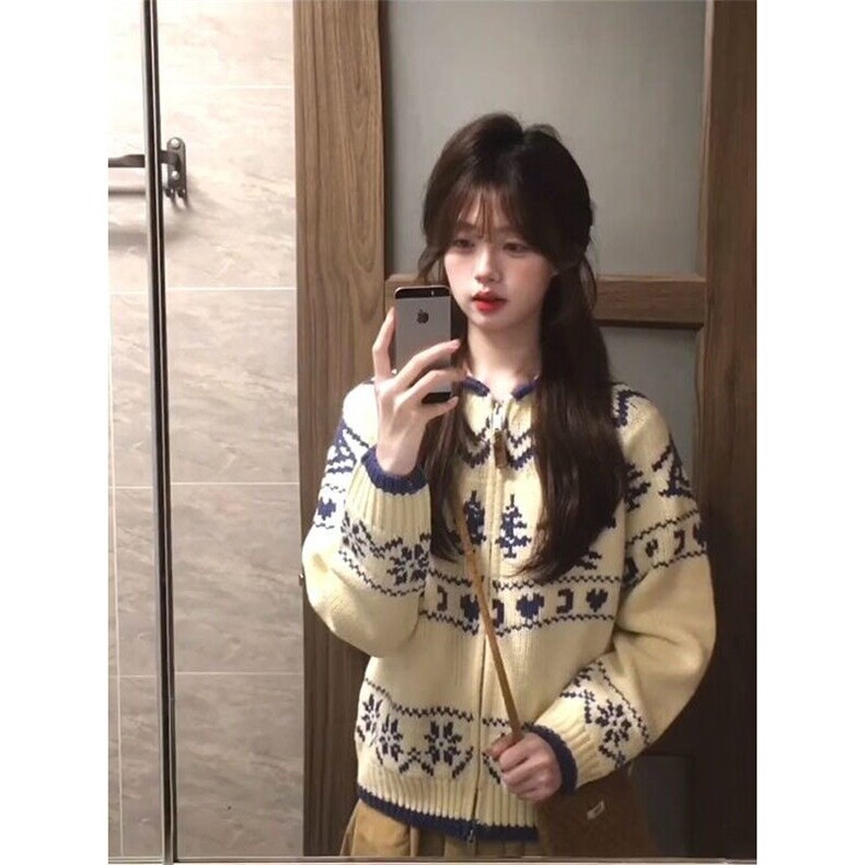 韩版圣诞氛围感费尔岛提花开衫毛衣女冬季减龄外穿针织衫 M3303图片