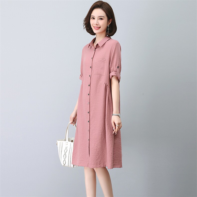 大码连衣裙女2023新款夏季衬衫裙宽松显瘦休闲妈妈气质裙子,女装连衣裙,忆绮罗