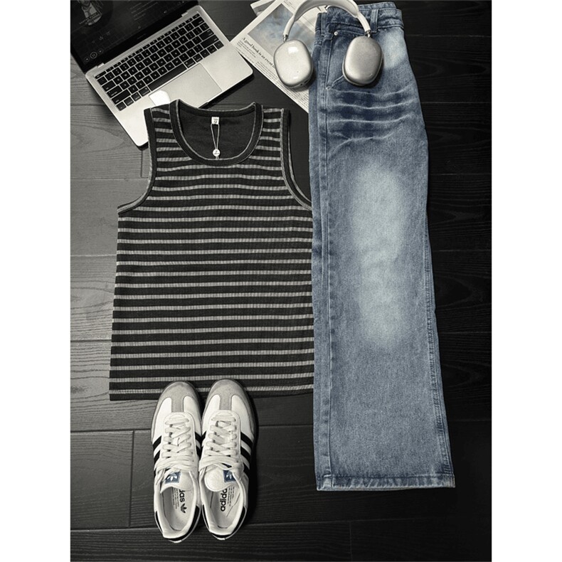 WE1533-P30美式条纹背心男圆领无袖t恤坎肩老头衫，男装背心/马甲，电商B323A