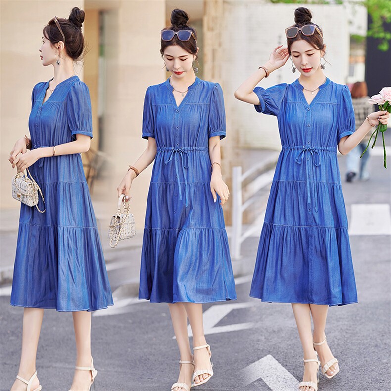 2024夏季女装新款时尚洋气天丝牛仔调节腰连衣裙，女装连衣裙，缘衣格