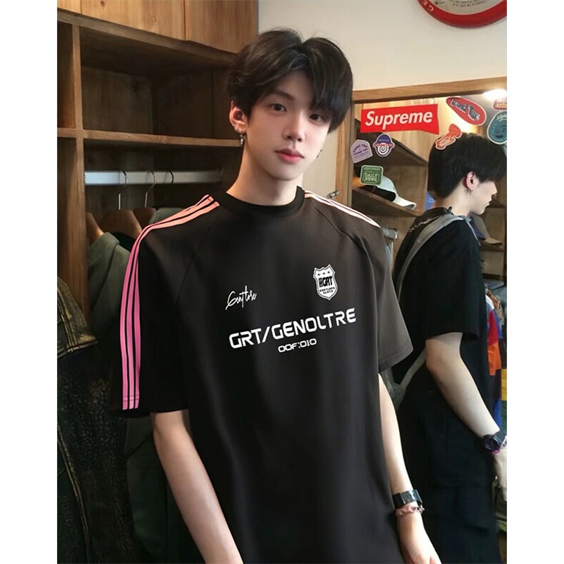 抖音得物品质二开240克宽松纯棉美式潮牌印花三条杠中性风短袖T恤,男装T恤,电商A486