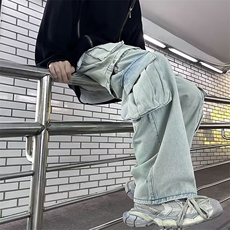 高街潮牌纽扣可拆卸做旧黄泥牛仔裤男小众设计感口袋长裤~NK2043，男装牛仔裤，星座601-2
