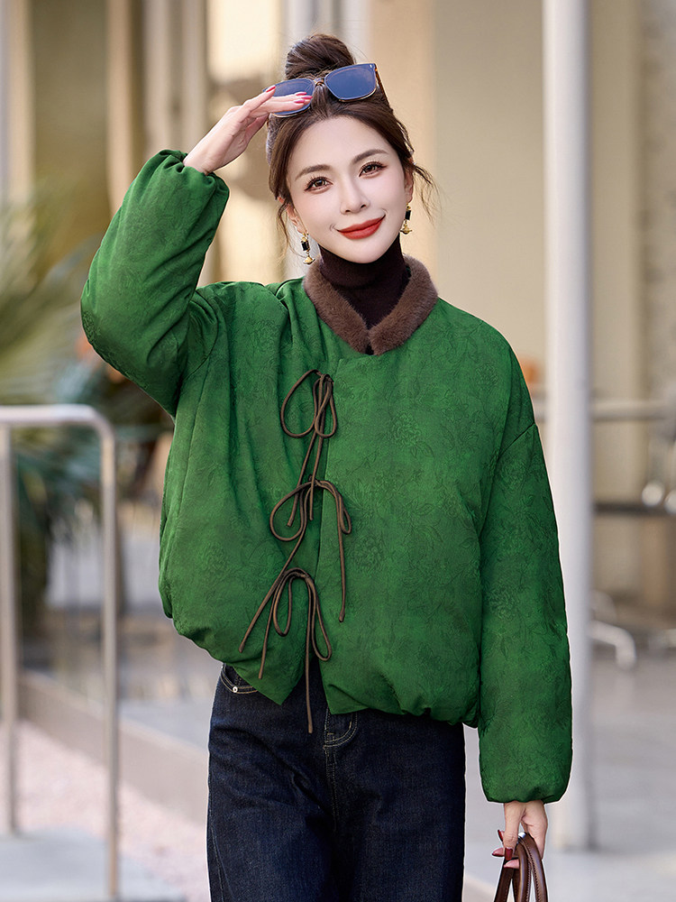 新中式国风仿水貂毛领羽绒服女2024冬新款复古提花短款白鸭绒外套,女装羽绒服,橙子家