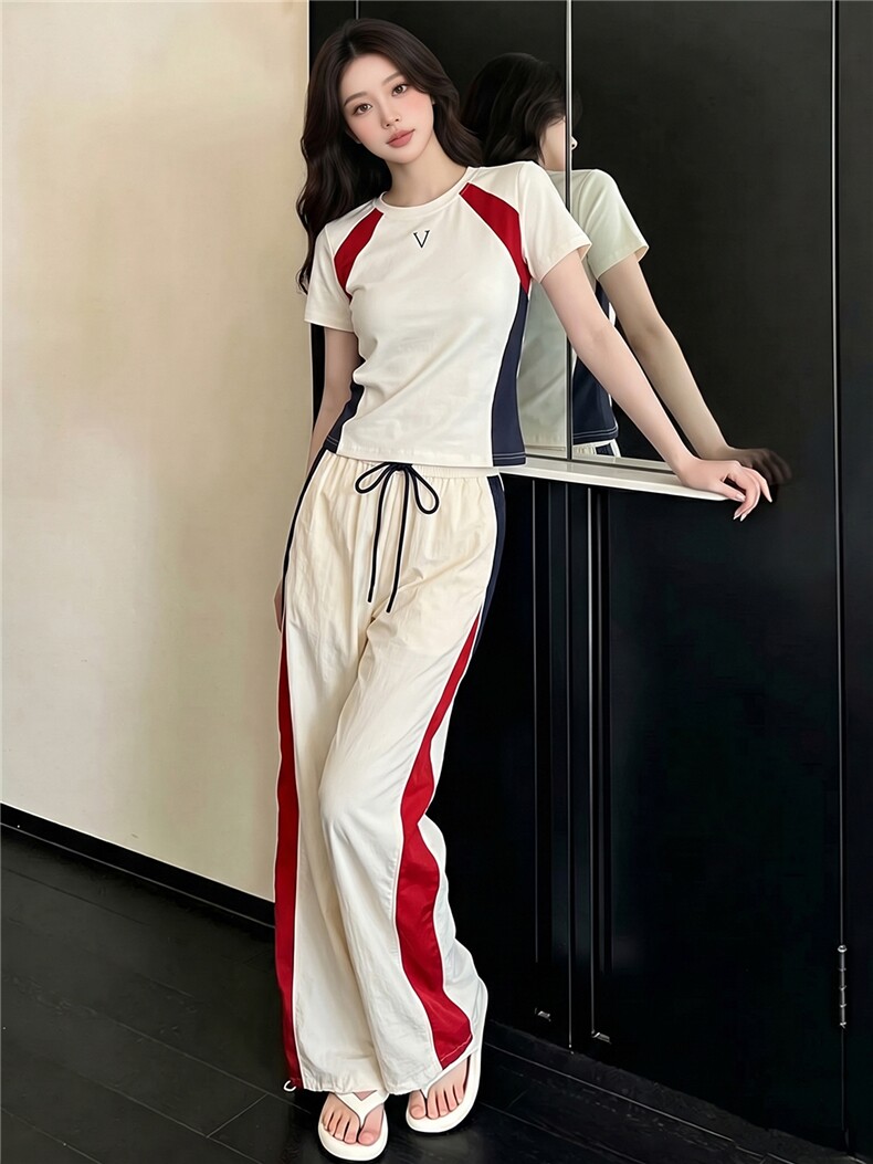 韩版时尚休闲套装女夏季新款高级感圆领撞色拼接上衣阔腿裤两件套,女装套装/套裙,江南