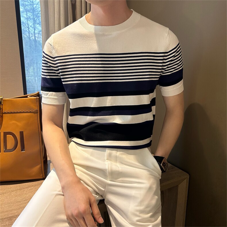 夏季短袖t恤男士2025新款针织衫潮牌青少年圆领条纹帅气上衣服ins,男装T恤,星座506A