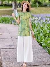 新中式印花盘扣上衣+阔腿裤两件套，女装套装/套裙，鑫鑫美