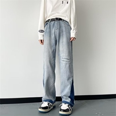 美式复古牛仔裤高街潮牌破洞宽松直筒风微喇叭裤子男RK1127-P46，男装牛仔裤，星座412-2