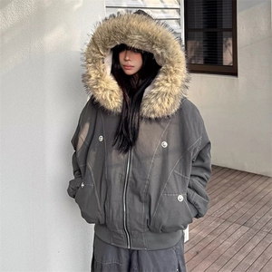 现货重磅boxy短款棉衣座山雕大毛毛领男女棉服水洗工装厚外套图片