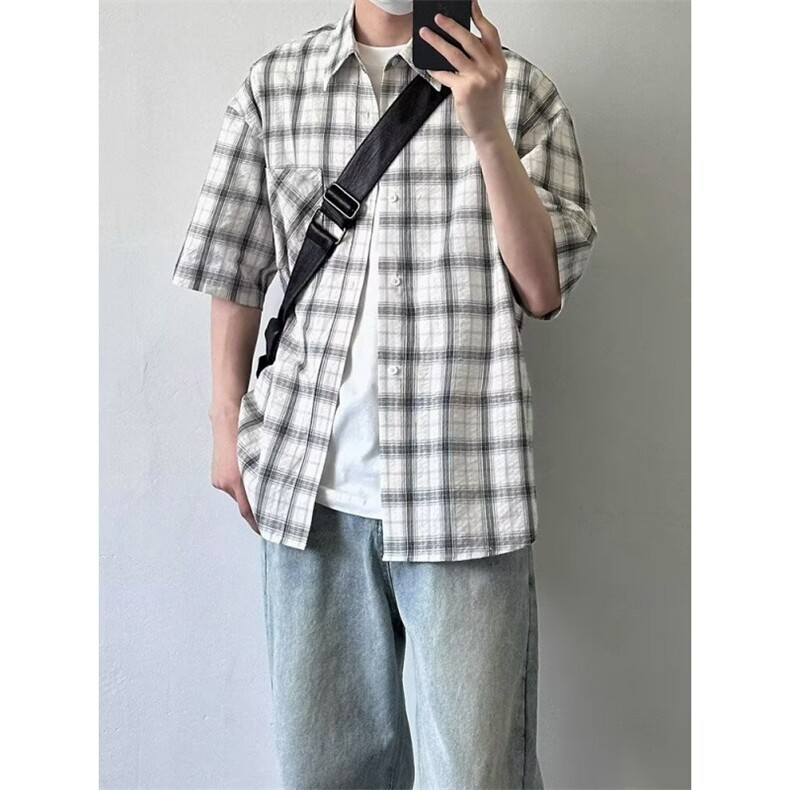 新款格子衬衫短袖男夏季学院风宽松衬衣休闲百搭外套潮LC2199-p37,男装T恤,星座1008