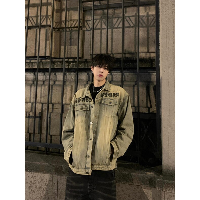 春秋新款高街黄泥染复古做旧牛仔外套男梵文设计工装夹克 JH49图片