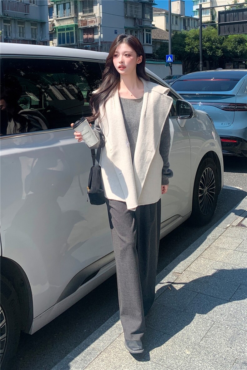 现货主推新款双面羊毛连帽休闲百搭宽松减龄背心马甲,女装毛呢外套,丝露怡语