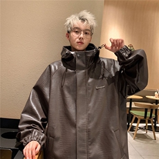1港风连帽鳄鱼纹PU皮大码M-5XL情侣女冲锋衣夹克男JK8744P90控128，男装夹克，星座226-2