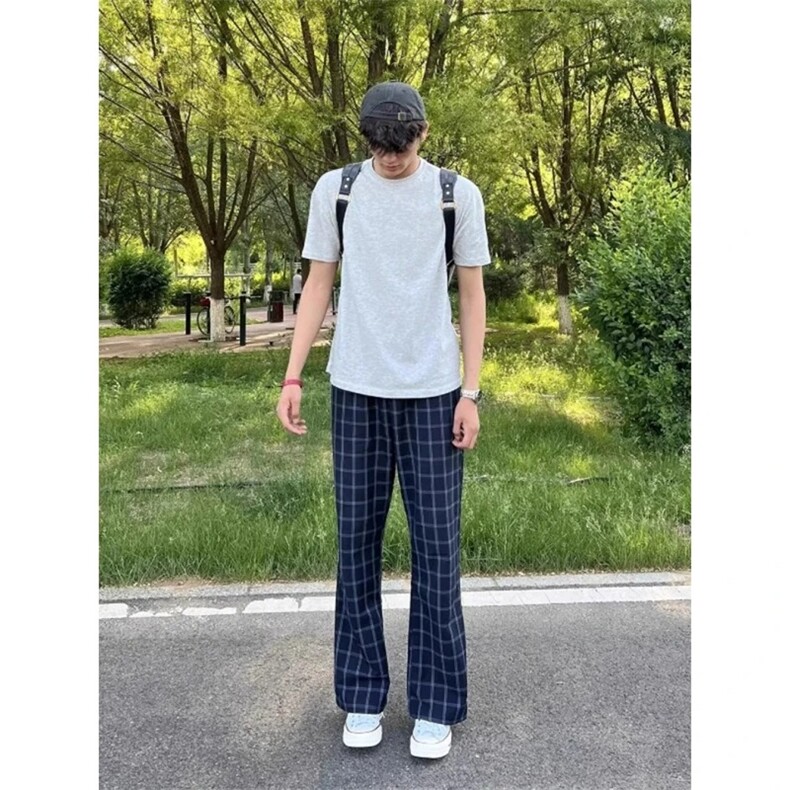 2025新款藏青色格子裤男款夏季薄款慵懒裤子美式速干运动裤XXX30,女装休闲裤,星座208-5
