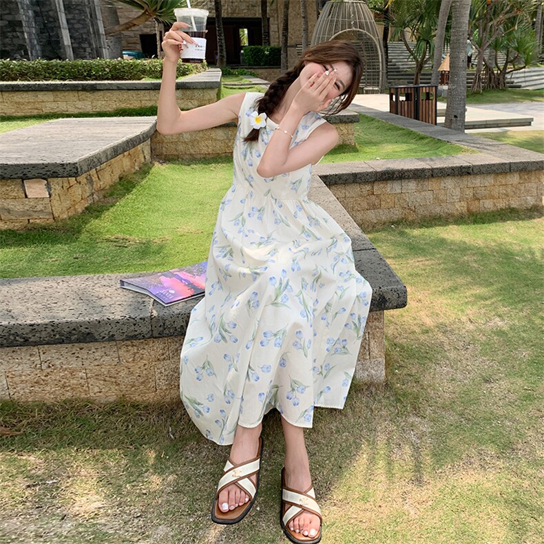 法式甜美碎花雪纺背心连衣裙女2025夏季新款韩版收腰显瘦桔梗长裙,女装连衣裙,C位