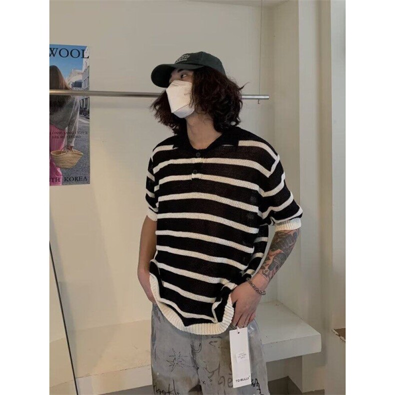 黑白条纹镂空冰丝针织衫美式polo衫短袖男夏季设计感t恤T5070-P40,男装T恤,星座1001-1