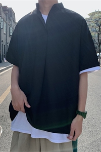 C2027/P35现货夏季男士立领衬衫男韩版宽松休闲大码短袖衬衣男装图片