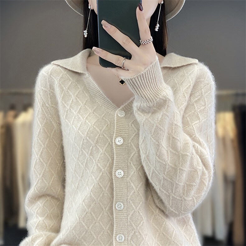 25新款100%纯羊毛开衫女POLO领提花毛衣针织衫外套宽松羊绒衫上衣,女装羊毛衫,邓利维
