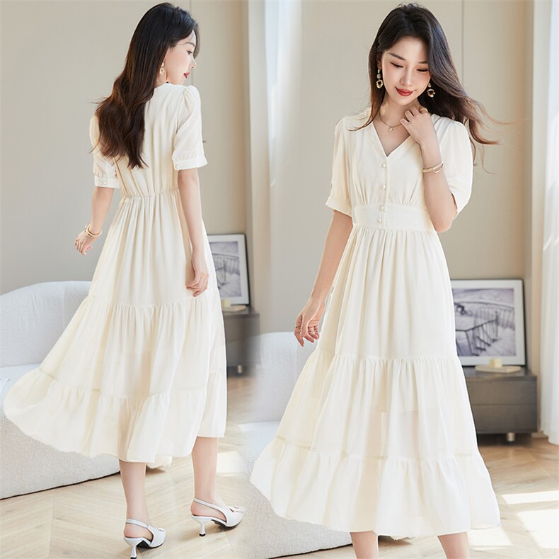 法式雪纺连衣裙女2025夏新款小个子V领气质收腰显瘦过膝度假长裙，女装连衣裙，韩蔻秀