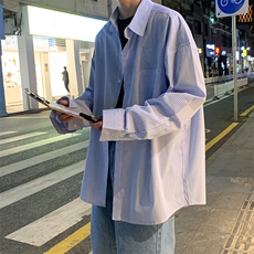 复古竖条纹长袖衬衫男潮牌街头宽松情侣休闲衬衣外套~C383-p35，男装衬衫，星座601-2