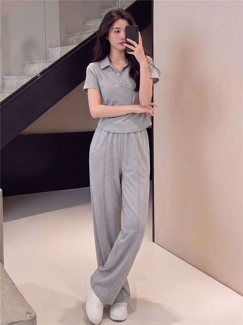 韩版时尚休闲运动套装女夏季新款显瘦气质翻领短袖卫衣长裤两件套,女装套装/套裙,江南