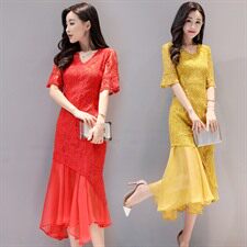 2022夏季新款优雅蕾丝中腰长裙修身显瘦气质红色连衣裙，女装连衣裙，时尚俏佳人