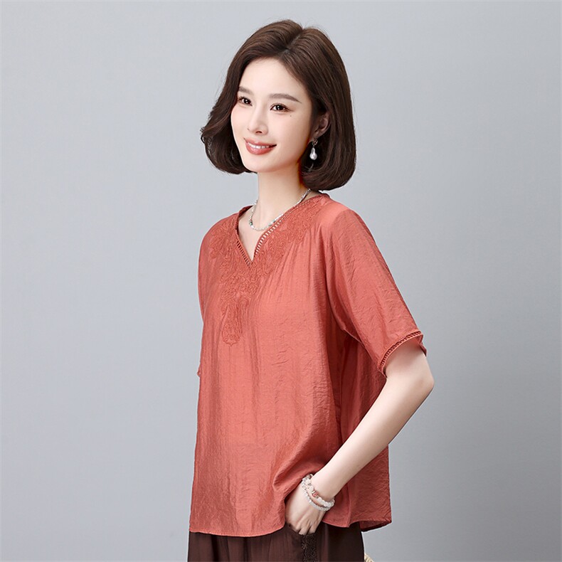优雅刺绣V领短袖衬衫女夏季新款宽松显瘦百搭上衣气质女装,女装衬衫,叶笙衣