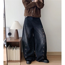 大码美式复古排扣解构设计感牛仔裤男女潮牌宽松阔腿垂感弯刀长裤，男装牛仔裤，星座506A