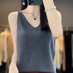 薄款V领精纺羊毛针织吊带女2024夏季新款纯色无袖背心内搭打底衫图片