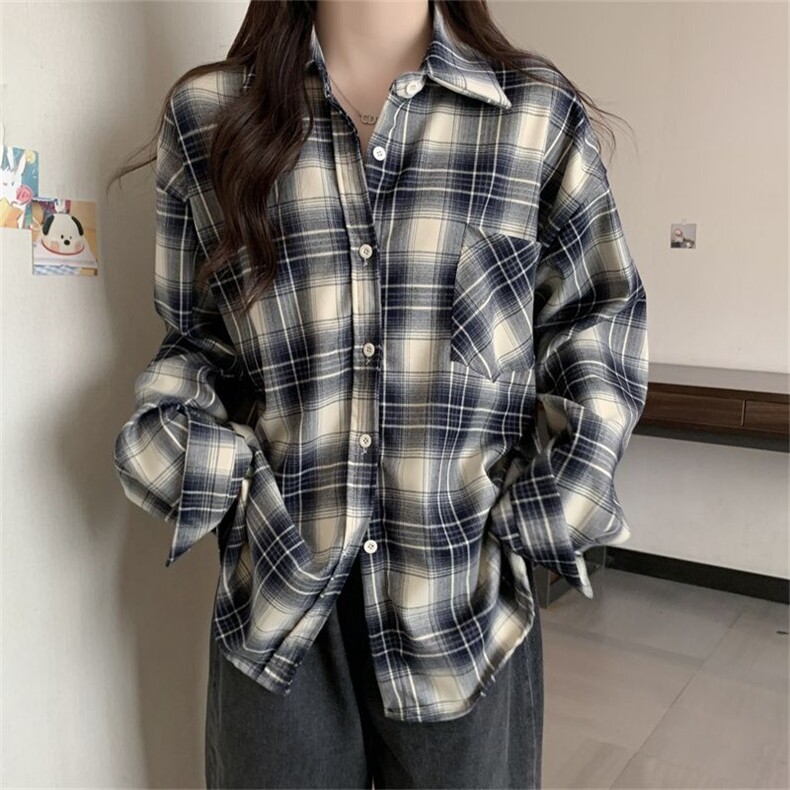 TC668-p45藏青格子上衣衬衫复古长袖防晒慵懒港风开衫衬衣,女装衬衫,星座617A-2