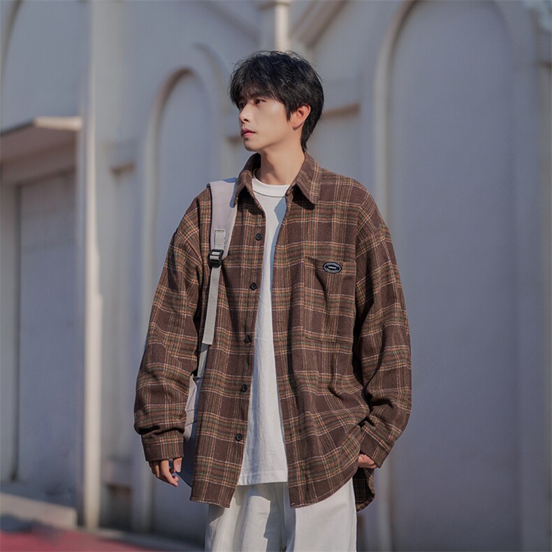 抖音格子衬衫男长袖秋季男生秋冬复古衬衫外套 DX809 P45控78图片
