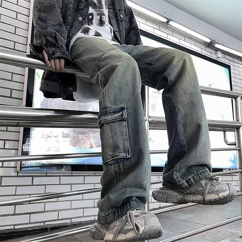 复古高街vibe做旧口袋工装牛仔裤男女直筒微喇休闲长裤子CK107,男装牛仔裤,星座601-2