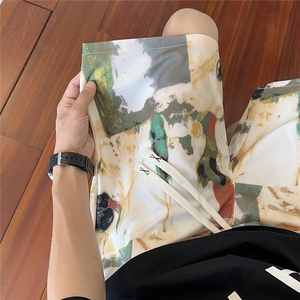2025夏休闲水墨画冰丝凉感短袖五分裤薄款短裤 K8907/特P20 卡其2图片