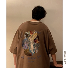 XT1053-TP25控价38油画印花短袖t恤男2023夏季复古宽松T恤，男装T恤，电商A102-1