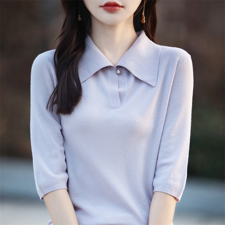 珍珠扣Polo领短袖t恤女针织精纺羊毛半袖夏季打底衫薄款宽松上衣,女装羊毛衫,戎美山