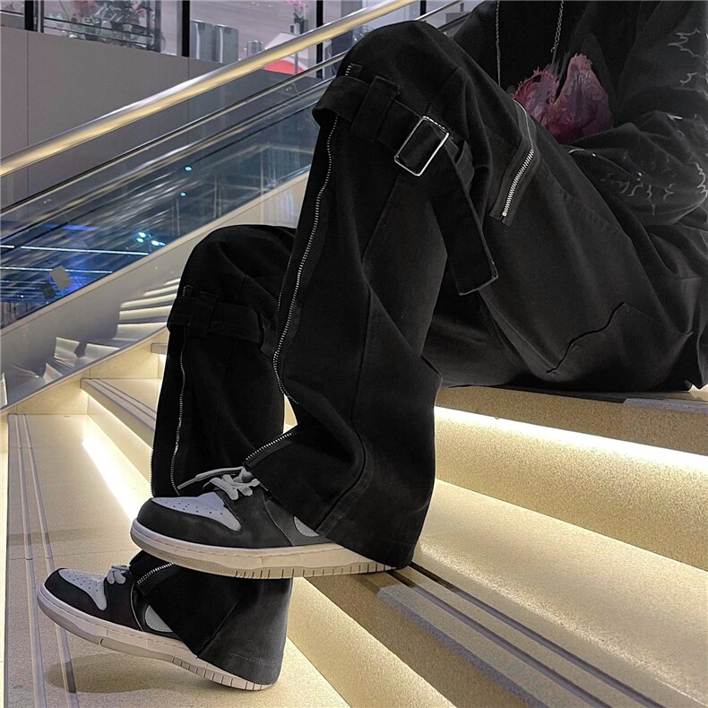 高街风绑带牛仔裤痞帅炸街拉链机能微喇叭牛仔裤KJ09P40,男装牛仔裤,星座1116-2